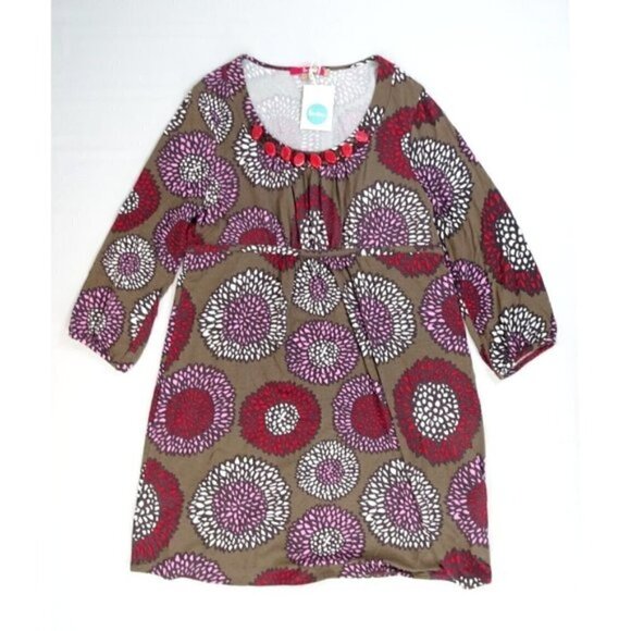 New Boden US 14 Maroon Beaded Scoop Neck Floral Print Viscose Empire Waist Dress - Picture 1 of 8